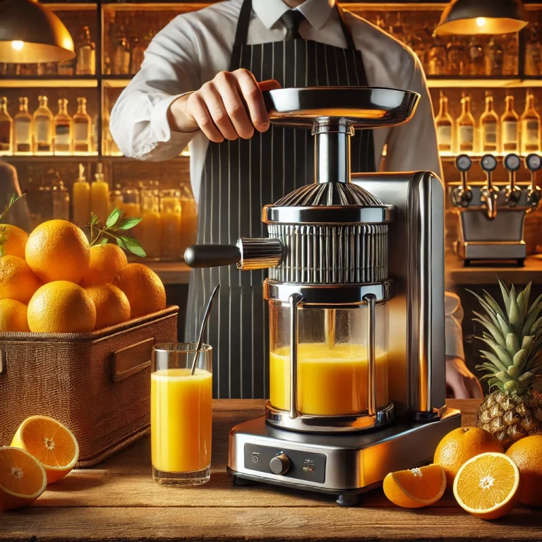 DALL·E 2025-02-17 18.22.36 – Realistic image of two types of orange juicers in a busy hospitality setting_ a manual lever press juicer made of stainless steel with a robust base,